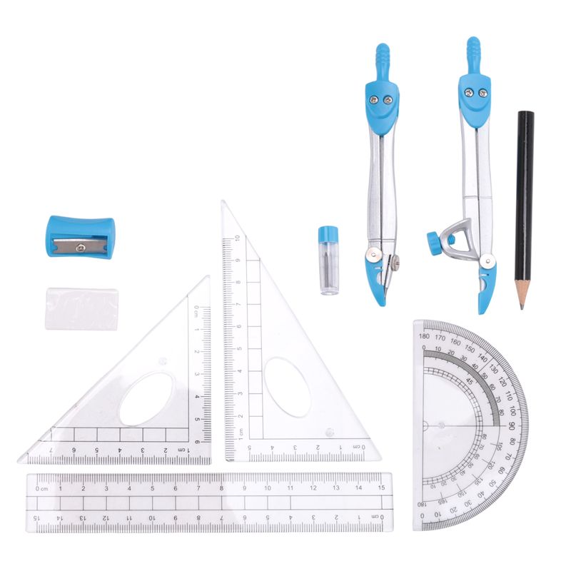Math Geometry Set With Compass - 高品質な幾何学用コンパスセット10個入り。学校の数学や工学の授業で使用できる、携帯ケース付きの定規と分度器のセット。